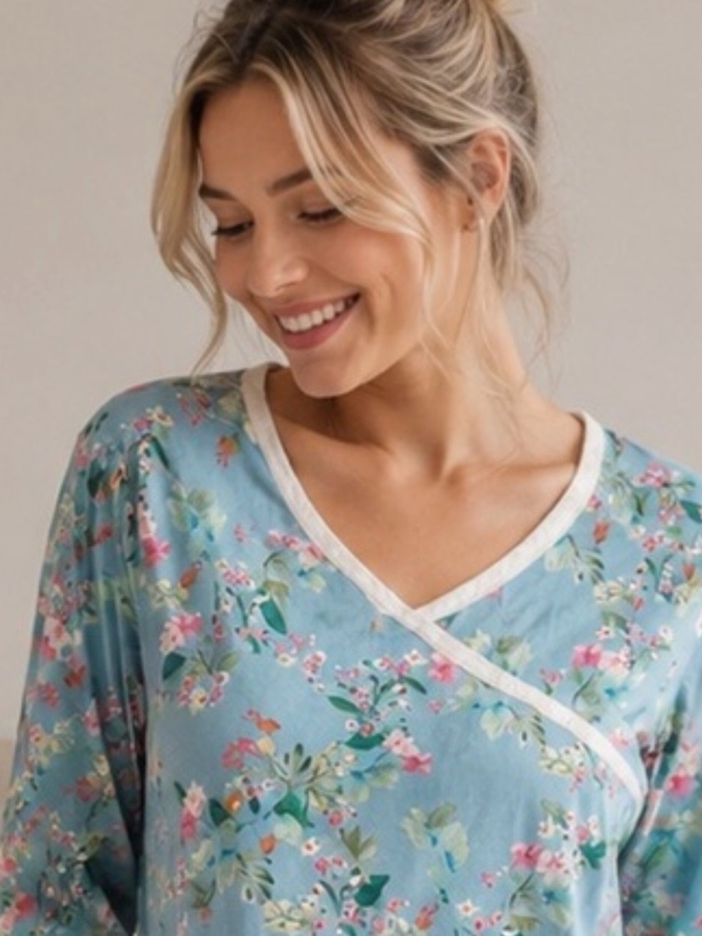 Garnet Hill Asian Floral Wrap Organic Cotton Blue Cherry Blossom Pajamas Top XS